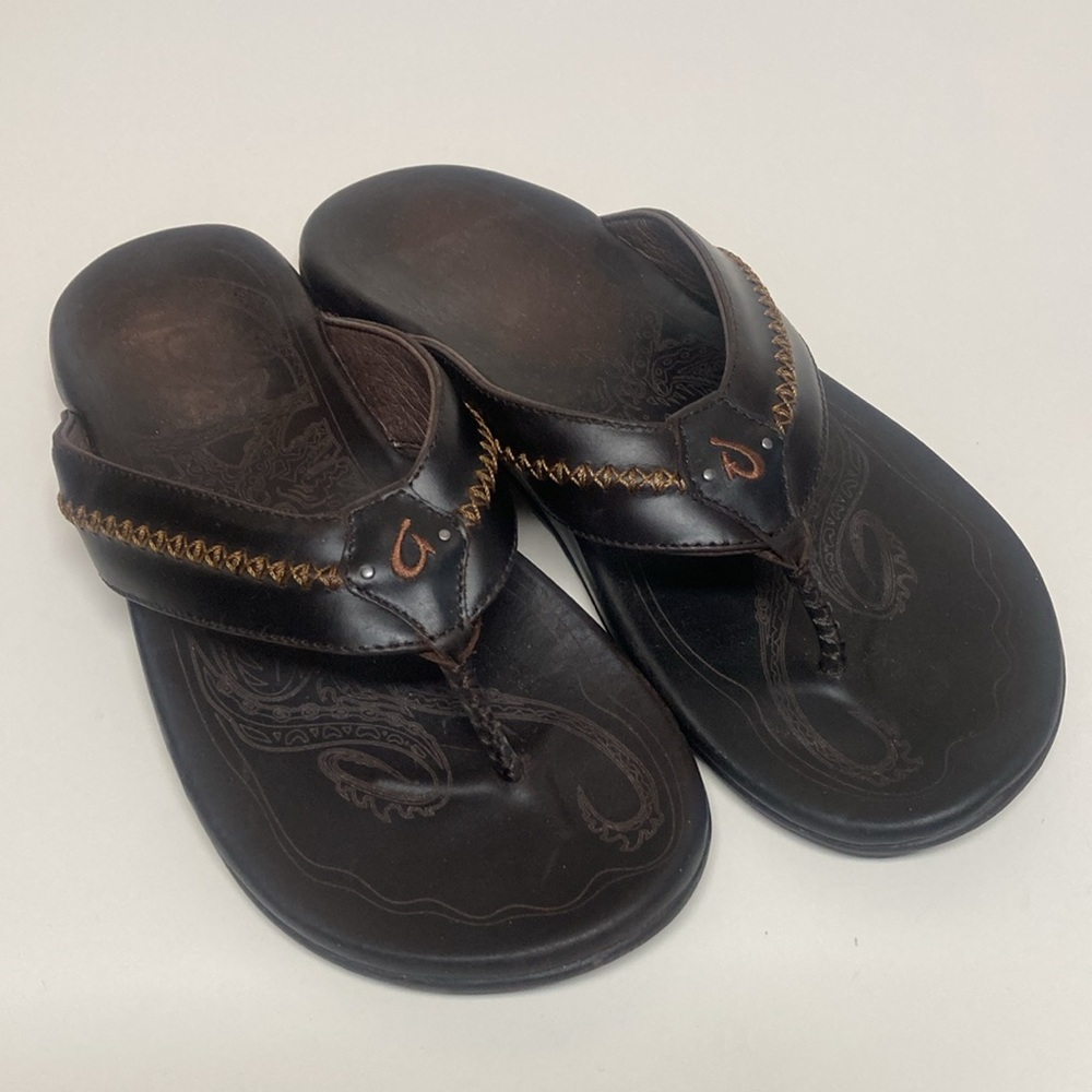 OluKai Black and Brown Men's Flip-Flops